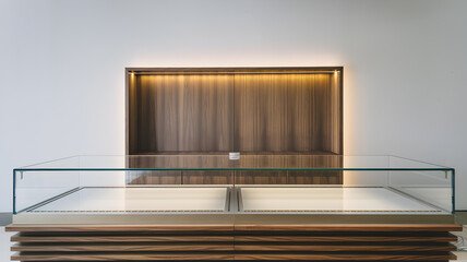 Obraz premium Modern display case in a minimalist interior with warm lighting and wooden accents