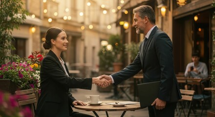 Business meeting in outdoor café with caucasian female and male professionals shaking hands
