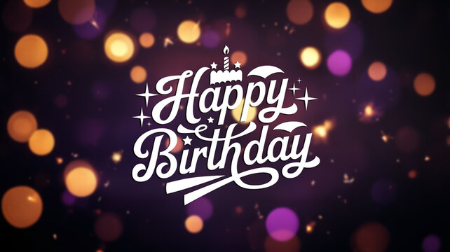 Happy Birthday typography in soft white script over a blurred background with purple and golden bokeh lights, creating a festive celebration banner, wallpaper, and social media post design.

