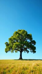 Lone oak tree standing in vast empty field under clear blue sky, green, field, tranquility