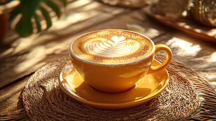 Yellow cup of latte art coffee on wooden table in sunlight.