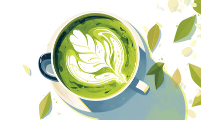 Illustration of matcha tea leaves, harvesting, processing, traditional tools, tea ceremonies, matcha beverages, desserts, and green tea plantations on a white background.