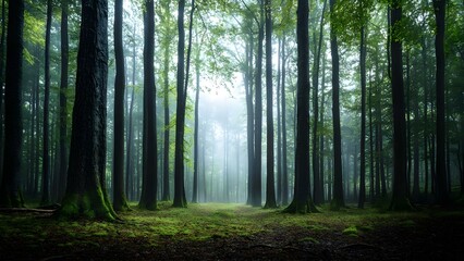 Obraz premium A misty forest with tall trees, lush greenery, and a serene atmosphere created by fog and soft light. Concept Misty Forest, Tall Trees, Lush Greenery, Serene Atmosphere, Soft Light