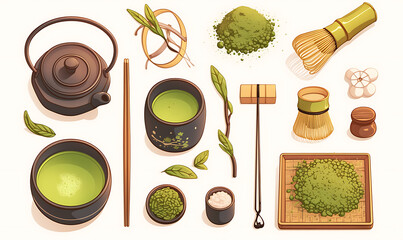 Illustration of matcha tea leaves, harvesting, processing, traditional tools, tea ceremonies, matcha beverages, desserts, and green tea plantations on a white background.