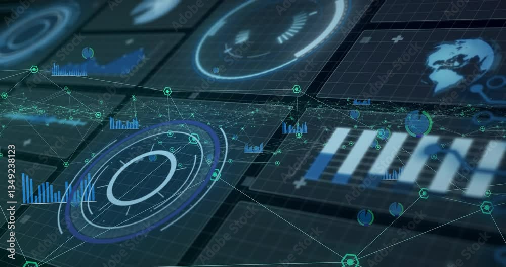 Poster displaying animation, digital interface with data charts and graphs, futuristic design