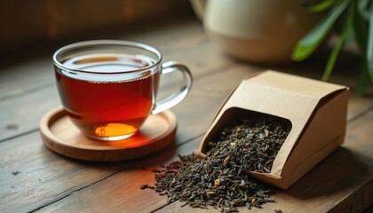 Transparent glass teacup, wooden coaster, tea leaves box on wooden table. Black tea, herbal drink, caffeine beverage. Morning routine, relaxation, tea time. Health and wellness, cozy atmosphere.