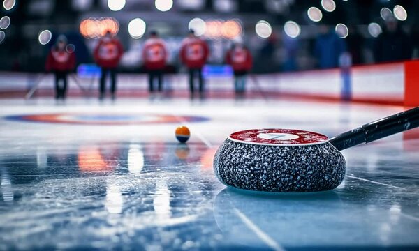 A curling stone on ice in a curling rink with blurred players in the background.