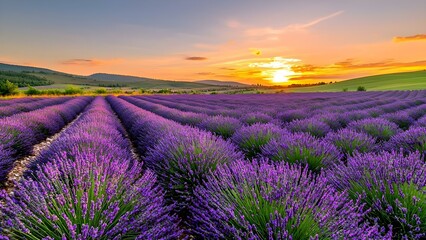A vibrant lavender field in full bloom under a colorful sunset, with rows of purple flowers stretching into the distance. Concept Lavender Field, Colorful Sunset, Nature's Beauty, Scenic Landscape