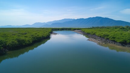 Aerial view of a wide river flanked by mangrove forests, with low flat mountains, green vegetation, rocks, clear sky and water reflecting in a charming, tranquil natural landscape.