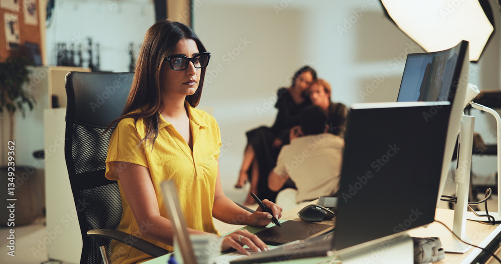 Aufkleber design, woman and photography editor on computer with post production software on graphic tablet. st