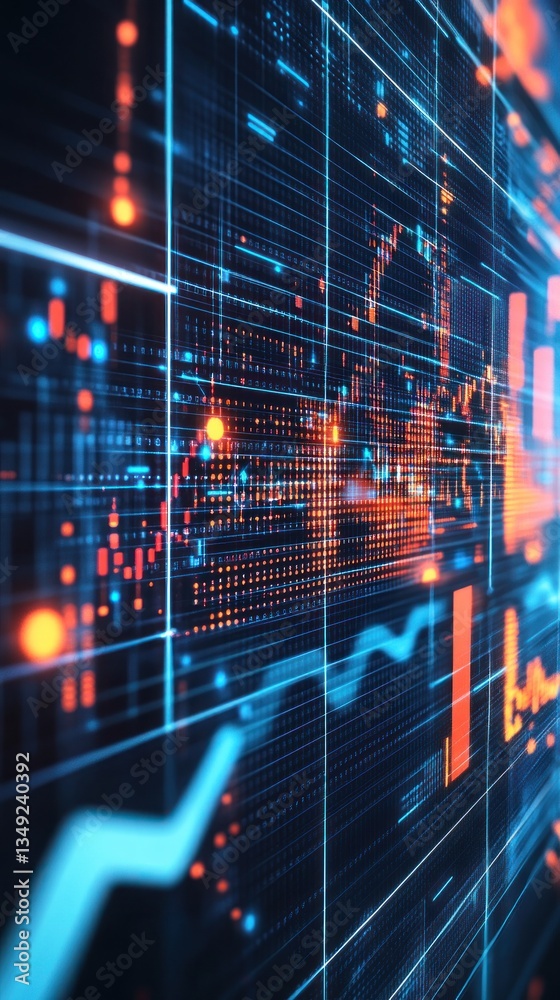 Poster abstract digital data visualization with glowing lines and graphs
