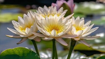 Four Creamy White Water Lilies in Bright Sunlight