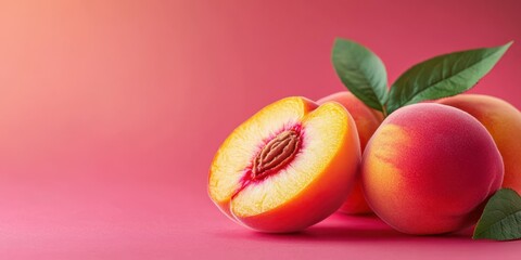 Fresh peaches on a vibrant pink background with one peach sliced in half revealing its juicy interior