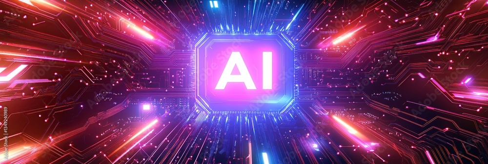 Poster glowing ai microchip abstract background with neon lights and dynamic particles