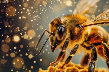A close up of a bee with its head down