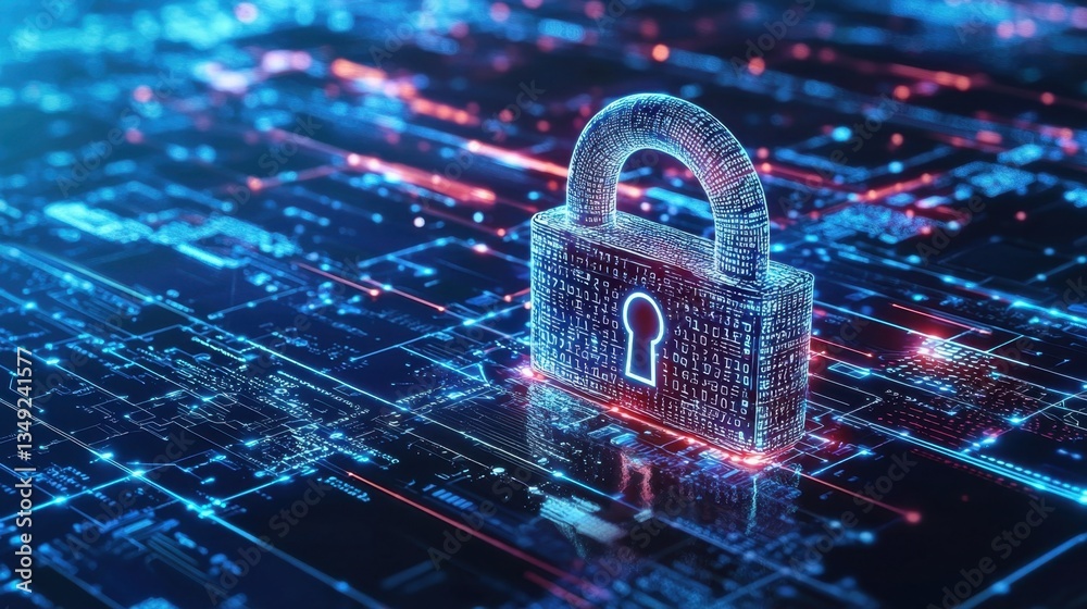 Poster a futuristic concept of cybersecurity with a luminous padlock, binary code, and a high-tech global n