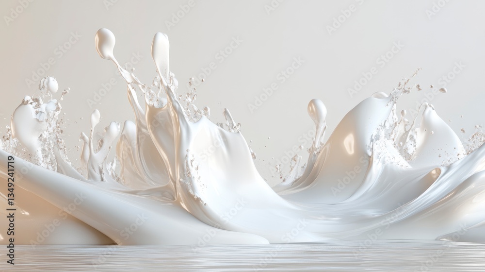 Poster Dynamic splash of white liquid, creating abstract wave shapes and droplets against a light background.