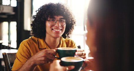 Couple, man and coffee for date in cafe with bonding, relationship support and conversation....