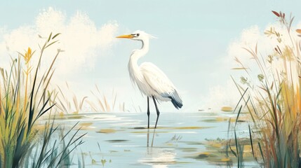 Obraz premium Serene Egret in a Scenic Marshland Surrounded by Tall Grasses and Clear Sky
