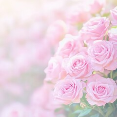Obraz premium Beautiful pastel pink rose background with soft focus and light effect, featuring many blooming rose flowers. Ideal for romantic wedding cards, greeting cards, banners, and vintage-themed designs. 