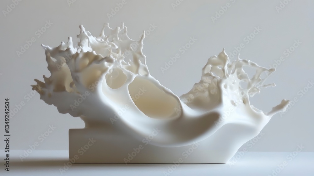 Poster Abstract white sculptural form resembling a frozen wave or splash, resting on a rectangular base.