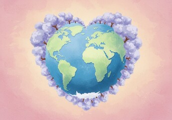 Heart made of Earth globe and trees on pink beige background. Watercolor greeting card, poster, banner. Earth day, Arbor day, World Environment day concept. Love of nature. Evironmental protection.
