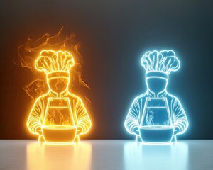 Competitive Cooking Challenges in High-Energy Environments, neon light photography of an intense culinary showdown, dramatic lighting, fast-paced chefs in action, and a high-energy atmosphere.