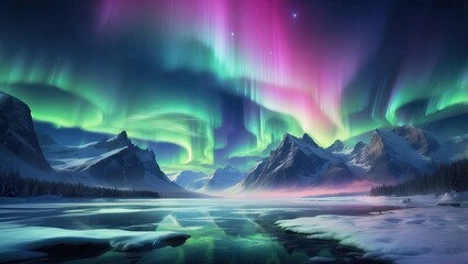 Fototapeta premium A stunning nighttime scene featuring the northern lights (aurora borealis) swirling in vibrant green hues against a starry sky.