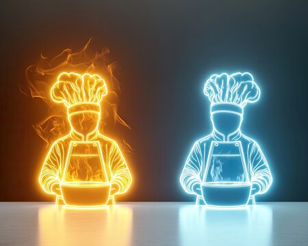 Competitive Cooking Challenges in High-Energy Environments, neon light photography of an intense culinary showdown, dramatic lighting, fast-paced chefs in action, and a high-energy atmosphere.