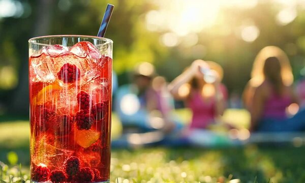 A refreshing raspberry and citrus beverage with ice, served outdoors on a sunny day.