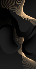 4k dynamic ethereal vertical luxury abstract black background with golden light lines. 3d fluid liquid futuristic dynamic 3d illustration. Glossy stripes pattern. Dark grey banner wallpaper. Elegance