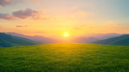 Obraz premium Serene Sunrise Over Rolling Hills with Vibrant Green Grass