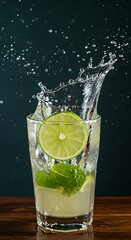 Mojito splashing in glass with lime and mint for a refreshing drink
