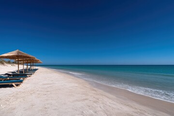 Fototapeta premium A stunning coastal view with thatched umbrellas along a serene beach, highlighting the beauty and tranquility of sun-soaked leisure areas inviting relaxation.