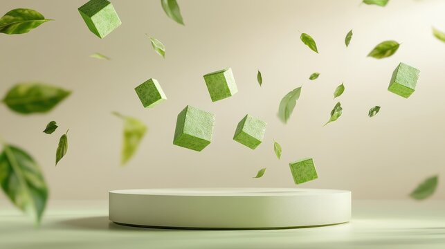 Fototapeta Floating green cubes and leaves on pastel podium.  Product display
