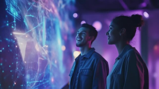 Two young innovators enthusiastically gesture towards a floating holographic screen displaying realtime analytics and data visualizations their engaged expressions highlighting the