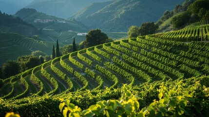 Fototapeta premium Grape vineyard in Italy with vines growing on terraced slopes maximizing land use while preventing soil erosion in Mediterranean agriculture