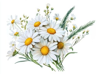 Obraz premium Watercolor Painting of White Daisies and Wheat Stalks
