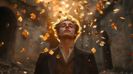 Businessman glowing with by symbols of successful investments