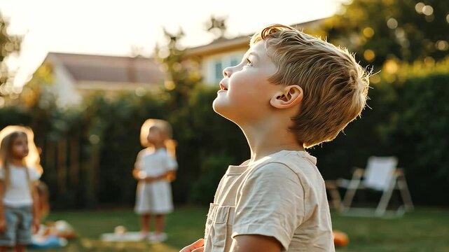 A confident child directing a play with friends in a backyard