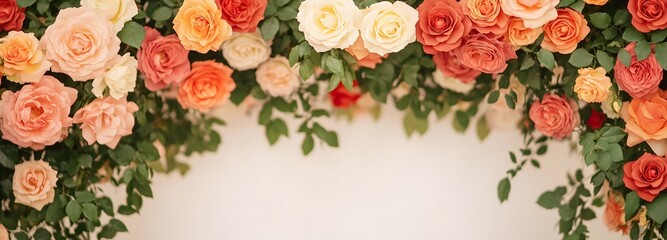 A podium covered in vibrant climbing roses, set in a fairytale-style secret garden.