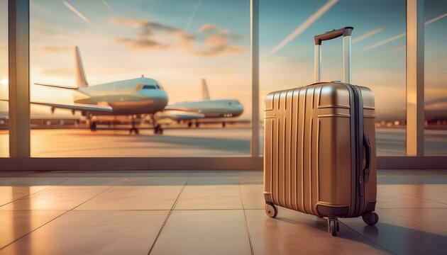 Suitcase with luggage at airport with the airplane on the background