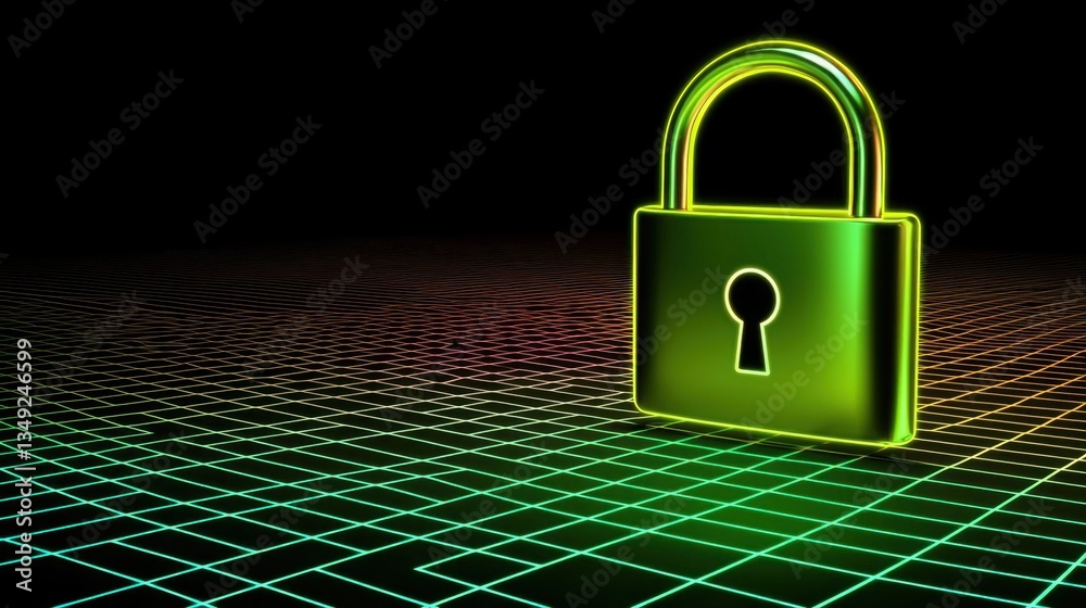 Poster a neon-lit digital padlock hovering over a matrix of computer code, symbolizing cybersecurity and in
