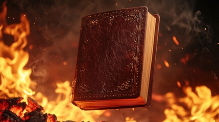 Ancient leather-bound book engulfed in flames, pages curling in fiery detail, symbolizing lost knowledge and mystic power. Perfect for fantasy, storytelling, and dark concept themes.