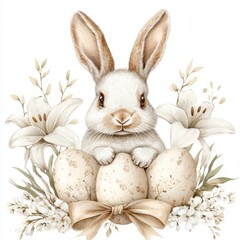 Obraz premium Watercolor cuter white Easter bunny with pastel colors eggs and white lilies isolated on white background