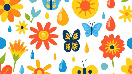 A vibrant, whimsical pattern featuring colorful flowers, butterflies, and raindrops on a white background, evoking a cheerful springtime feel.