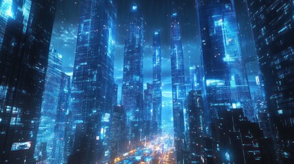 Futuristic city skyline at night, digital glow, vibrant lights, high-rise buildings, urban scene, ideal for technology, sci-fi