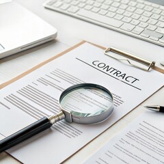 Contract document with magnifying glass on a desk workspace  
