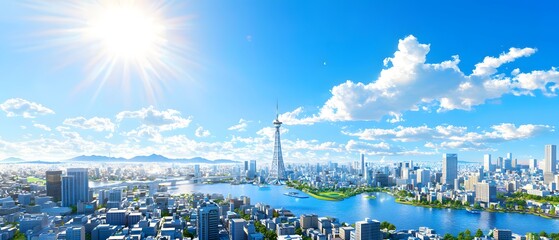 Obraz premium Innovative space elevator technology revolutionizing urban exploration futuristic cityscape digital art bright daylight aerial view