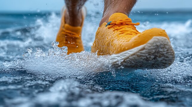 Close-up of feet running in ocean water. - Powered by Adobe